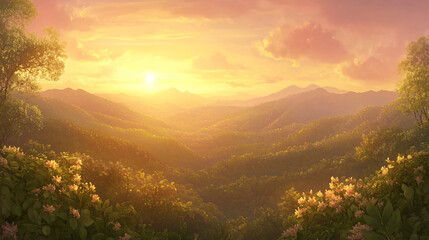 Breathtaking sunset over a mountain range with striking pink and gold gradients illuminating the sky and reflecting nature's beauty.