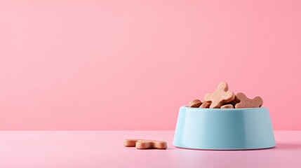 Cute pet food bowl filled with shaped biscuits on a pink background, ideal for animal lovers and pet care themed projects or advertisements
