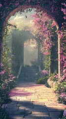 Fototapeta premium Vibrant Secret Garden Scene with Hidden Path and Floral Arches