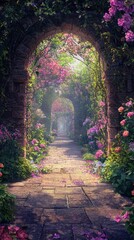 Obraz premium Vibrant Secret Garden Pathway Surrounded by Beautiful Blossoms