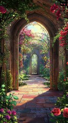 Fototapeta premium Lush Secret Garden Pathway with Vibrant Flowers and Archways