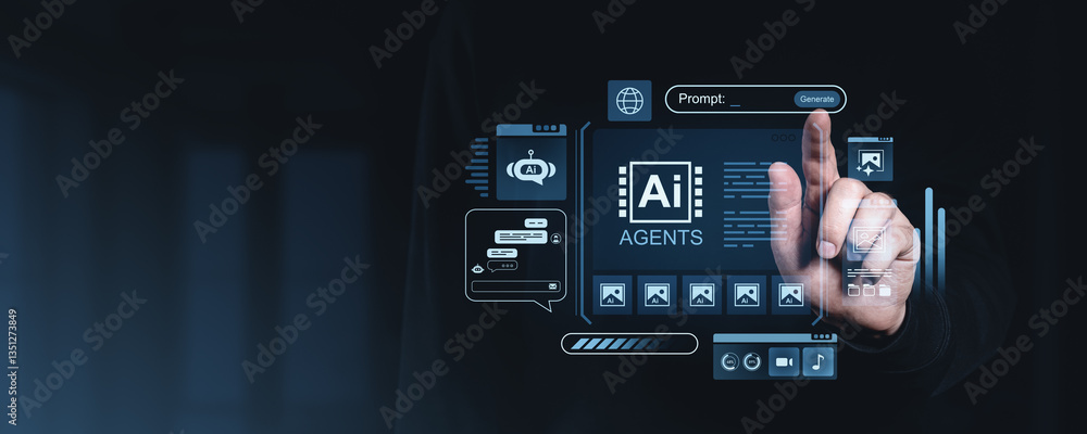 Poster futuristic ai assistant interface with digital elements.