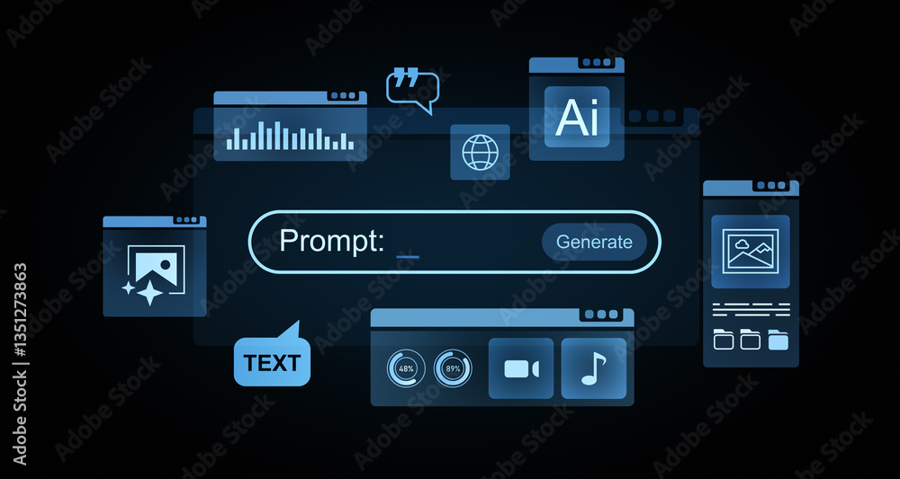 Poster futuristic ai interface with digital elements in dark theme. 3d rendering