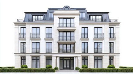Fototapeta premium Modern residential building with large windows and balconies, surrounded by neatly trimmed greenery