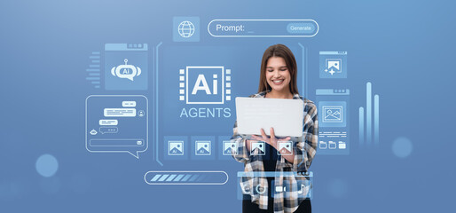 Woman using AI assistant for image generation on laptop.