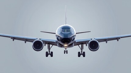 Naklejka premium A sleek commercial airplane approaches for landing against a soft gray sky, showcasing aviation technology and travel