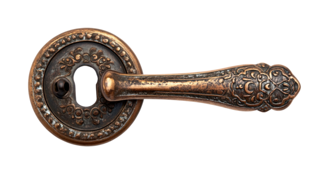 antique bronze door handle with key hole on white background