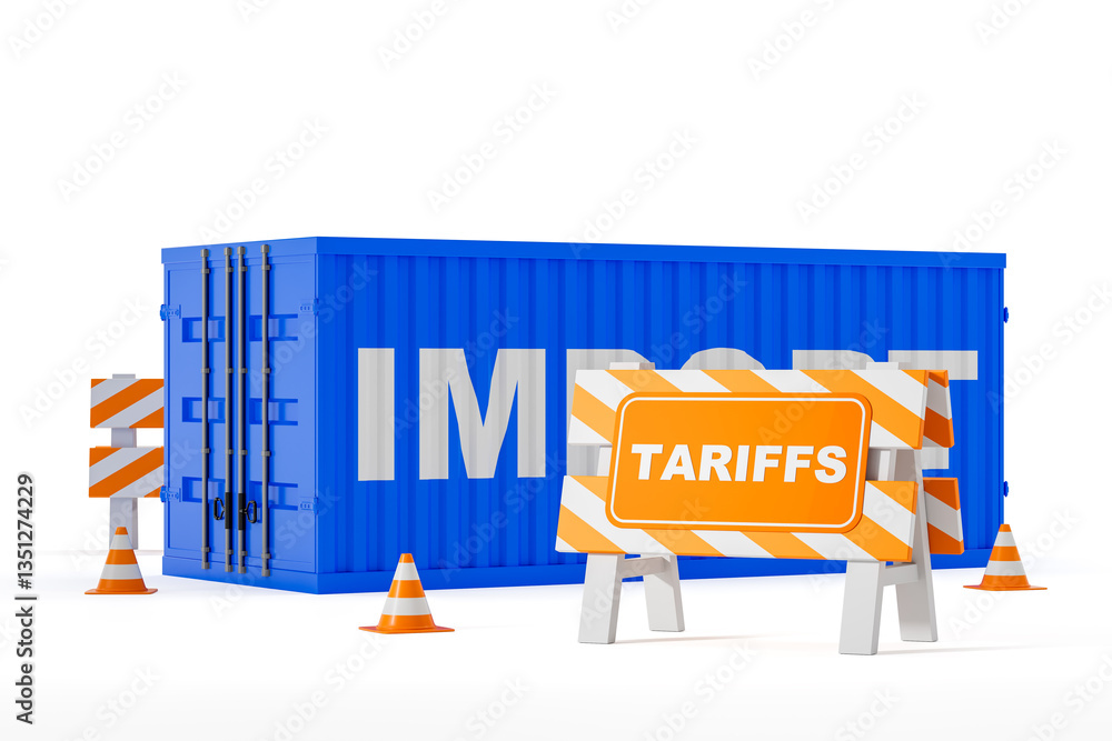 Poster 3d rendering of import tariffs concept with a blue shipping container and traffic barriers. 3d rende