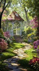 Obraz premium Whimsical English Garden with Gazebo Surrounded by Colorful Flowers