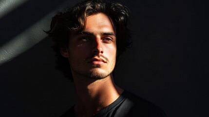 Obraz premium Portrait of a young man with soft lighting creating dramatic shadows against a textured wall