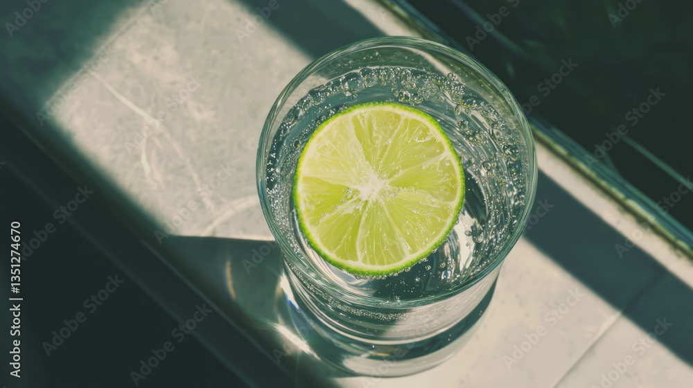 Poster refreshing sparkling water with lime in sunlight