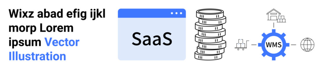 SaaS platform interface, database stacks, WMS gear, and logistics network visuals. Ideal for technology, data management, cloud computing, business solutions, logistics supply chain simple landing