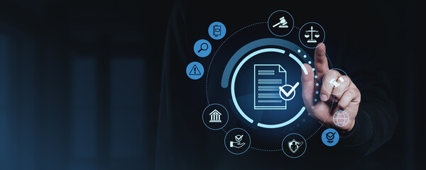 Compliance and legal document validation concept with digital interface.