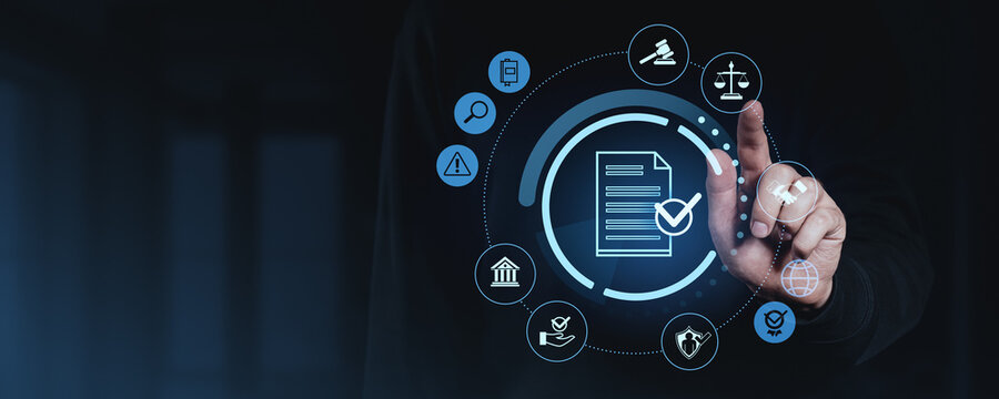 Compliance and legal document validation concept with digital interface.