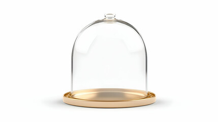Empty glass cloche on gold base, isolated on white background; ideal for food presentation or product display