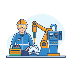 2d vector illustration colorful machine , worker and Industry and its development technology, factories and production lines icon
