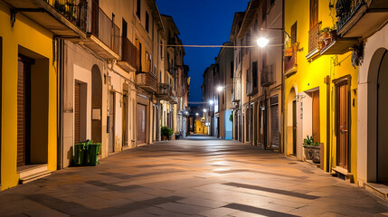 Obraz premium Empty night street in Italian town, warm light, calm atmosphere, travel photography