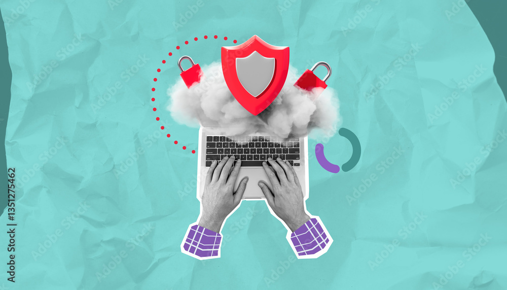 Aufkleber cybersecurity concept with hands typing on a laptop, surrounded by cloud security symbols like a shi