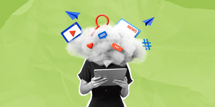 Woman using tablet with cloud over head, symbolizing information overload. - Powered by Adobe