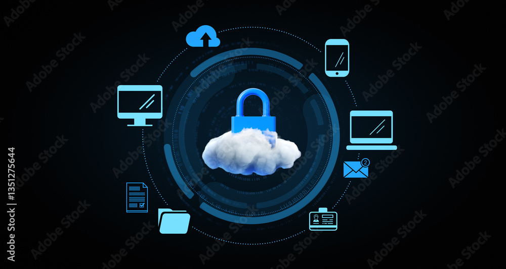 Poster cloud security concept with a locked cloud and interconnected digital icons. 3d rendering