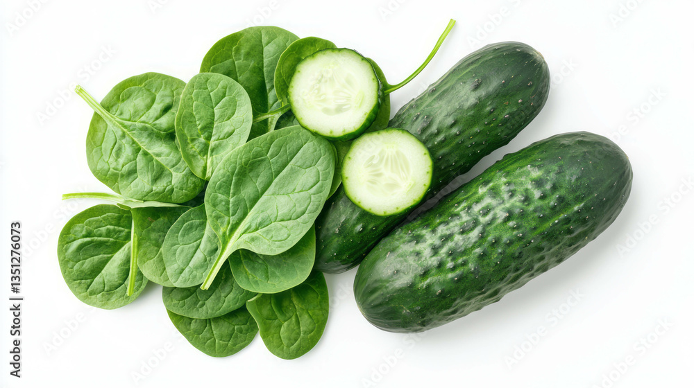 Poster fresh spinach and cucumber on white background for healthy eating and cooking concepts