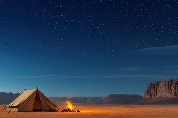 A traditional Bedouin camp in the desert featuring iconic tents and a serene landscape under the starlit sky.