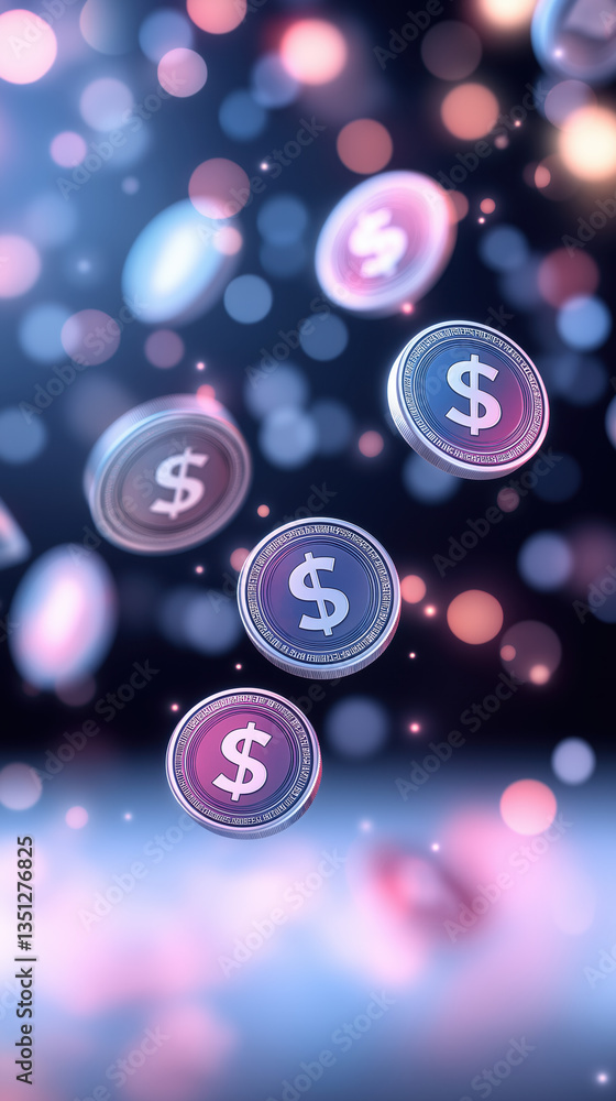 Poster a visually appealing image featuring floating dollar coins amidst a colorful bokeh background, repre
