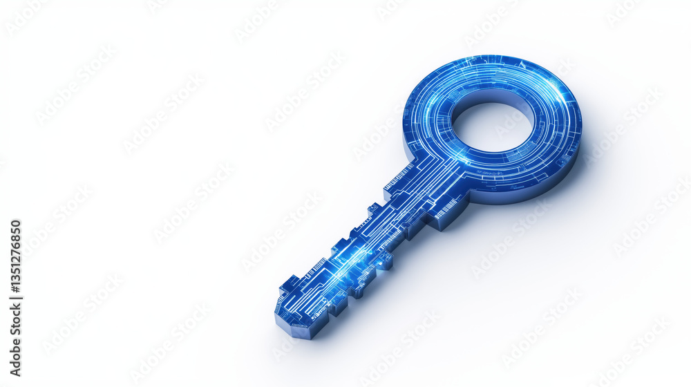 Poster a digital key with a blue circuit pattern, symbolizing technology, security, and access in a modern 