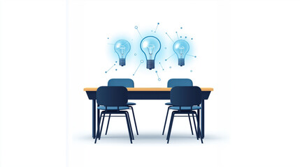 A modern meeting room illustration featuring a table and chairs, with light bulbs above symbolizing ideas and creativity.