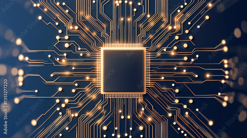 Poster a close-up view of a microchip with intricate circuitry, highlighting connections and glowing elemen