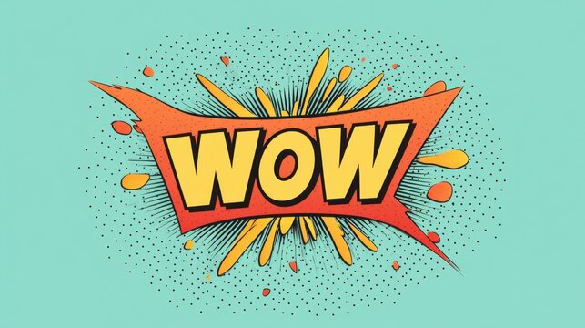 Bold comic style speech bubble featuring the word WOW with bright colors and dynamic motion lines on a vibrant teal background