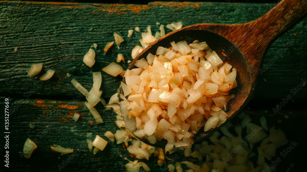 Poster finely minced onion on rustic wooden spoon for culinary use