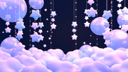 3D render pastel hanging stars and bubbles on clouds in the dark.