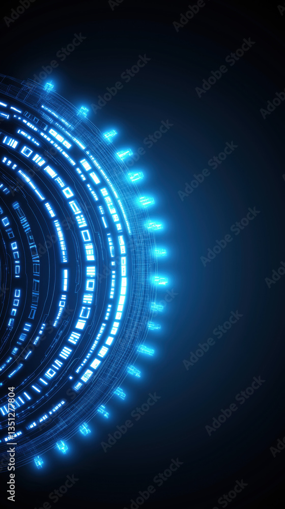 Poster a glowing blue circular design with intricate patterns and light effects against a dark background, 