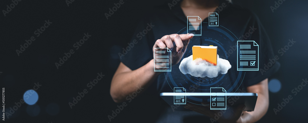 Poster digital document management system concept with holographic folder and files.
