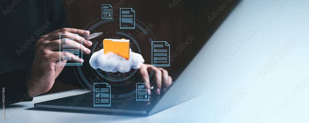 Poster cloud document management system concept with holographic folder and digital files.