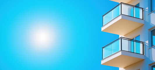 Fototapeta premium A modern building with balconies against a bright blue sky, highlighting a sunny atmosphere and clean architectural lines.