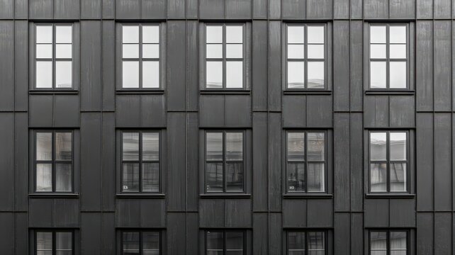 Dark Gray Building Exterior with Uniformly Spaced Rectangular Windows