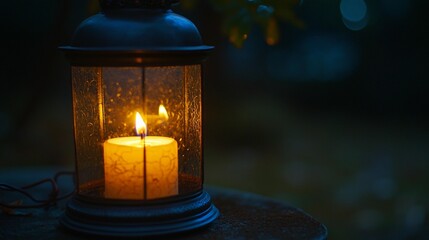 Glowing candle inside a glass lantern at night outdoors.