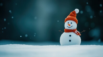 Fototapeta premium Cheerful snowman wearing an orange hat and scarf, standing on soft white snow against a blurred winter background with falling snowflakes