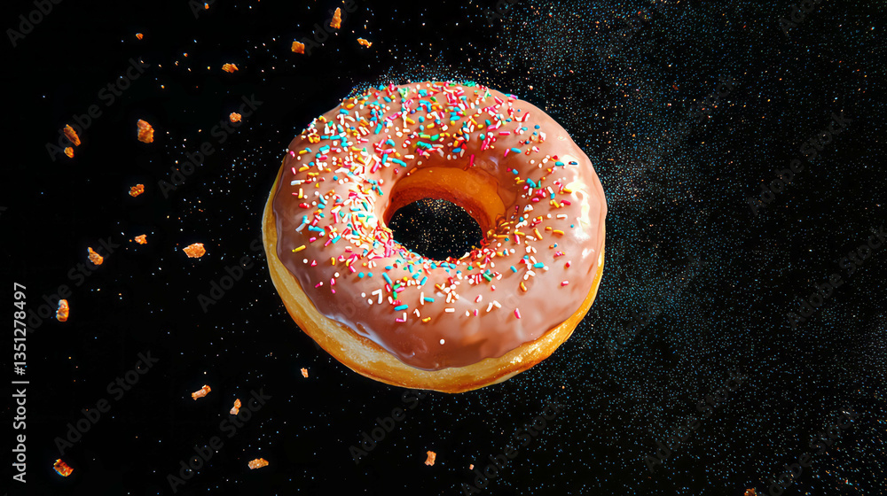 Poster tempting glazed donut with colorful sprinkles on black background for dessert menu design