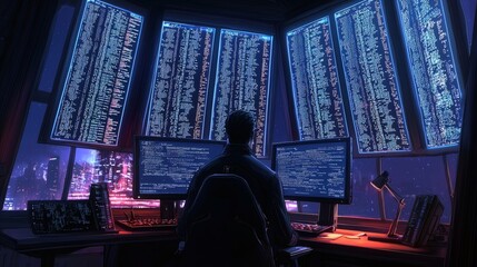 Cyberpunk Programmer Night City View Digital Art