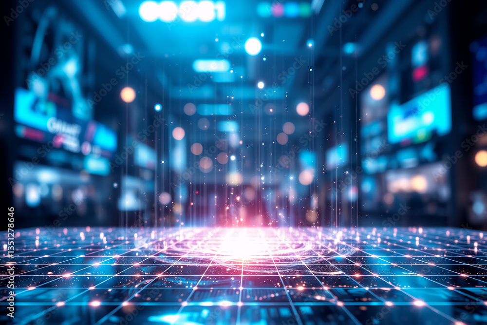 Poster futuristic digital stage with glowing lights and grid patterns creates a vibrant and technological a