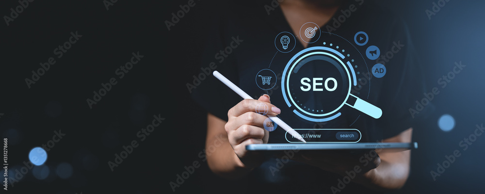 Poster seo digital marketing concept with holographic interface displaying search engine optimization icons