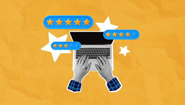 Online customer review concept with hands typing on laptop and star rating icons.
