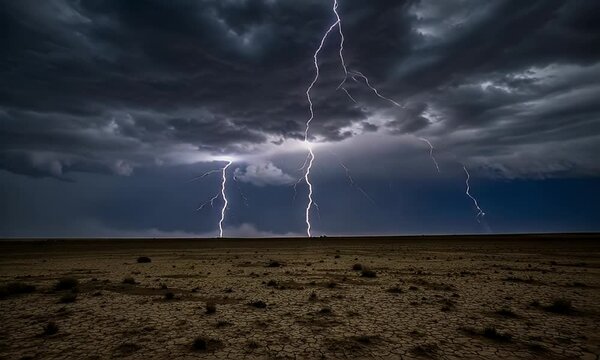 Nighttime Lightning Storm over Dry Barren Landscape with Dramatic Dark Clouds and Bright Flashes
