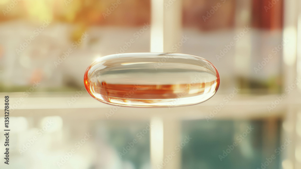 Poster transparent reflective pill against soft blurred background for health and wellness concepts