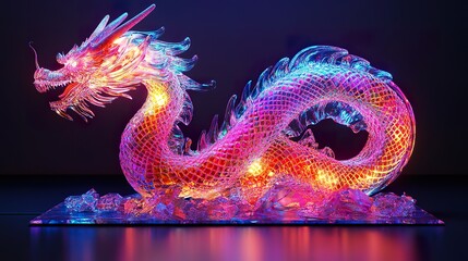 reate a photorealistic 3D render of a dragon-shaped salon lamp, adorned with vibrant neon psychedelic jewels, emphasizing the interplay of light and shadow on its multifaceted surface