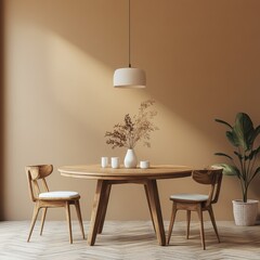 Elegant dining room featuring round wooden table and neutral palette