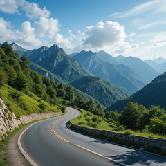 Winding Road to the Horizon: A scenic, serpentine road curves through a majestic mountain landscape under a bright blue sky dotted with fluffy clouds, inviting a journey of exploration and freedom.